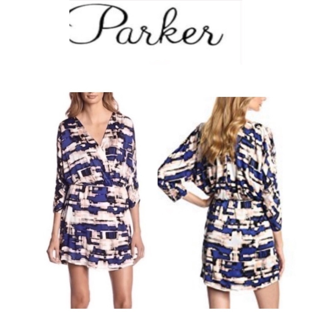 Parker Blouson Catalina Dress Stretch Drape Faux Wrap Watercolor Dolman Sleeve S